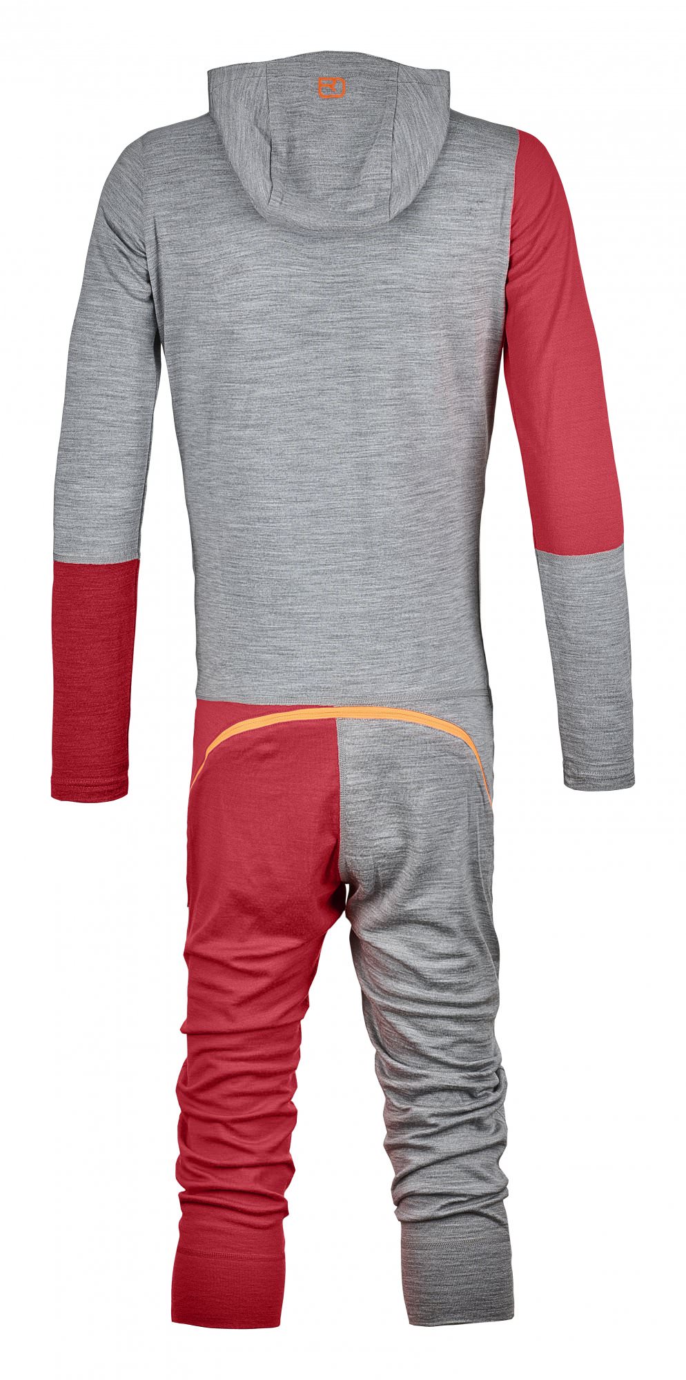 Grau-roter Merino-Overall Rückansicht eines grau-roten 185 RNW Overall mit Kapuze aus Merinowolle.