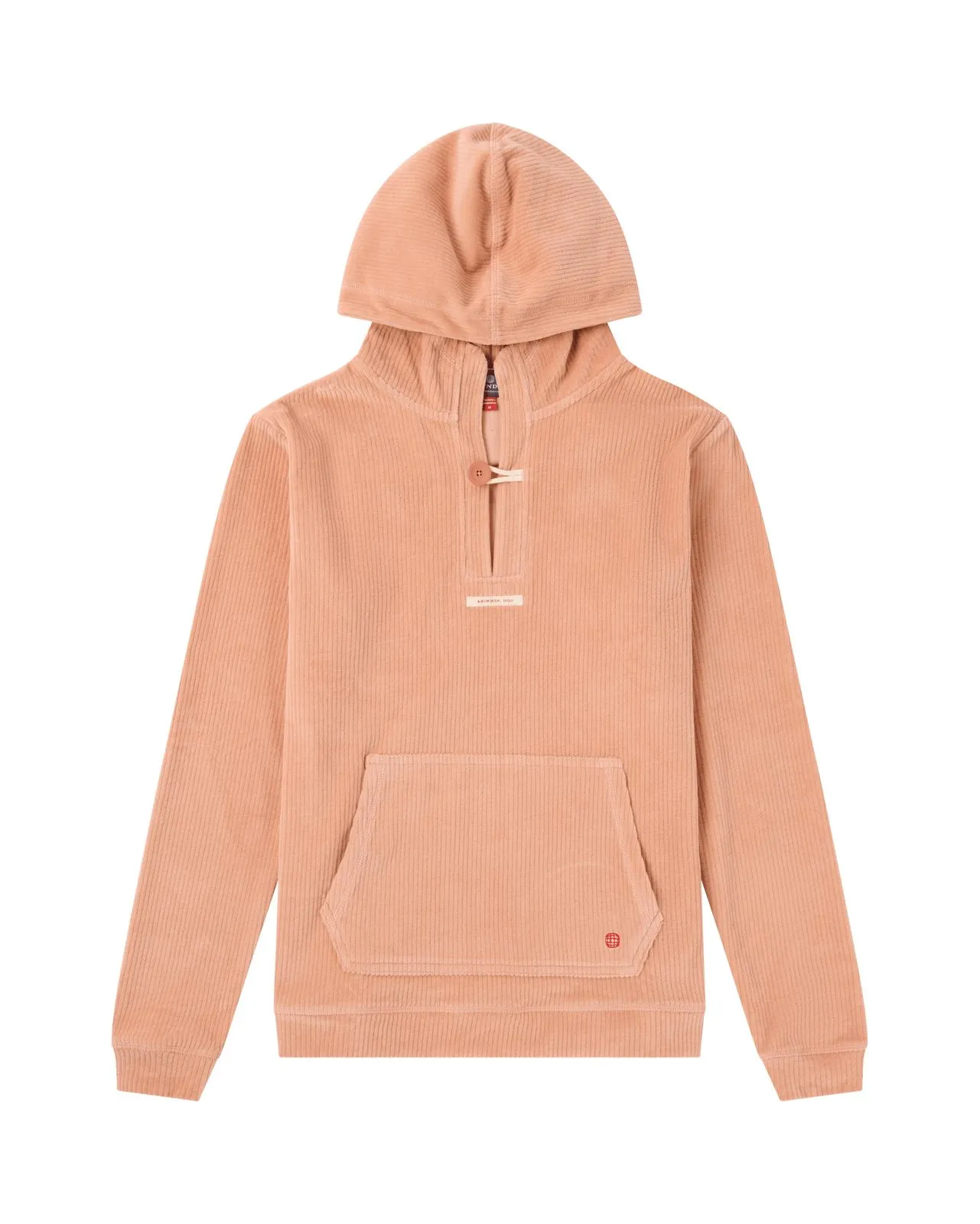 Hellbrauner Cord-Hoodie mit langen Ärmeln, einer aufgesetzten Tasche und einem Knebelverschluss.