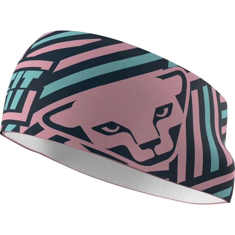 Mocha pink headband with an abstract cat's head and turquoise and pink stripes.