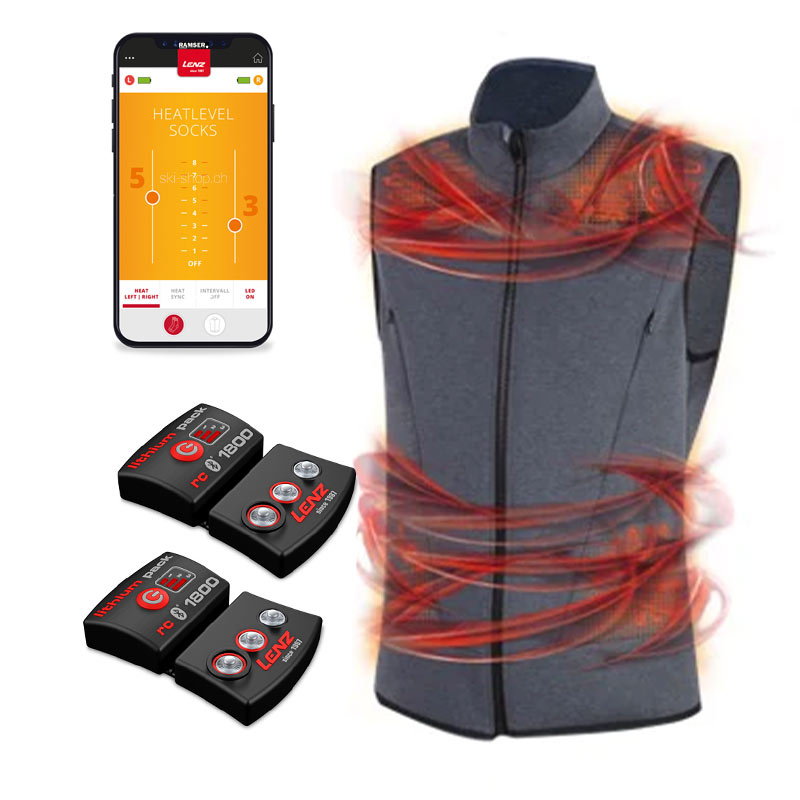 Graue Lenz Heat Vest 2.0 mit Heizpads, Akkus und Smartphone-App zur Steuerung. Wärmeeffekte sind rot hervorgehoben.
