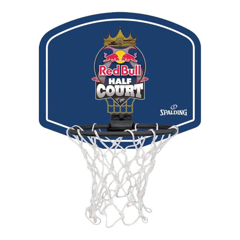 Blaues Mini-Basketball-Backboard mit Red Bull-Logo, Korb und Netz im Detail.