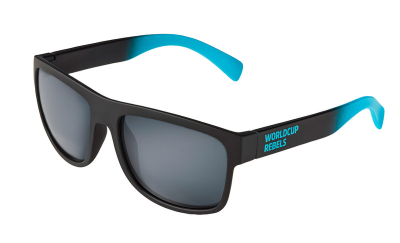 Schwarze Head Sonnenbrille Signature WCR mit grau getönten Gläsern und blau abgesetzten Bügelenden.
