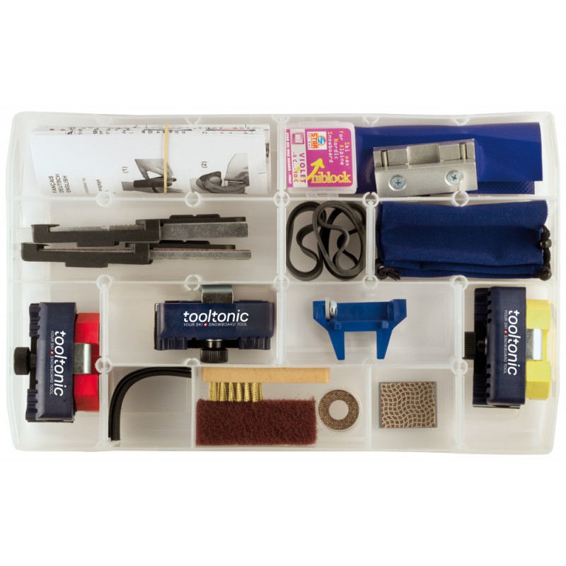 Transparente Box mit 21 Werkzeugen zur Ski- und Snowboard-Tuning, inklusive Feilen, Bürsten, Hobel und Einstellgriffen.