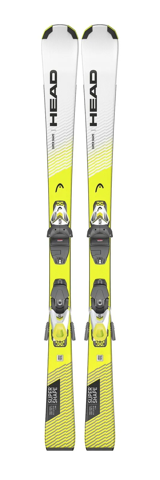 Gelb-weisse Head Supershape SLR Pro Kinderski mit montierter SLR 4,5 GW Bindung von oben.