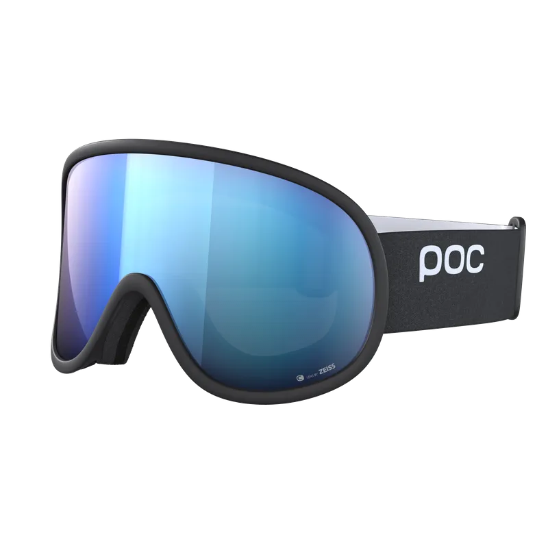 Masque de ski noir avec une lentille aux reflets bleutés et un logo POC blanc sur l'élastique.