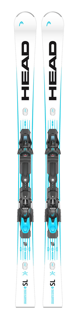 Weißer Head Ski e-SL Rebel mit blauen Akzenten und schwarzer Bindung von oben fotografiert.