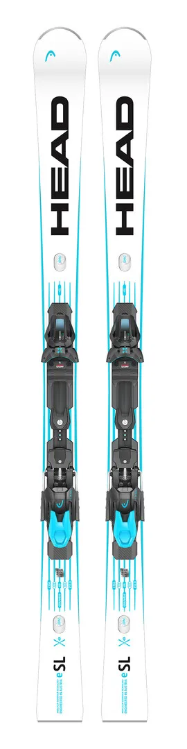 White Head Ski e-SL Rebel with blue accents and black binding photographed from above.