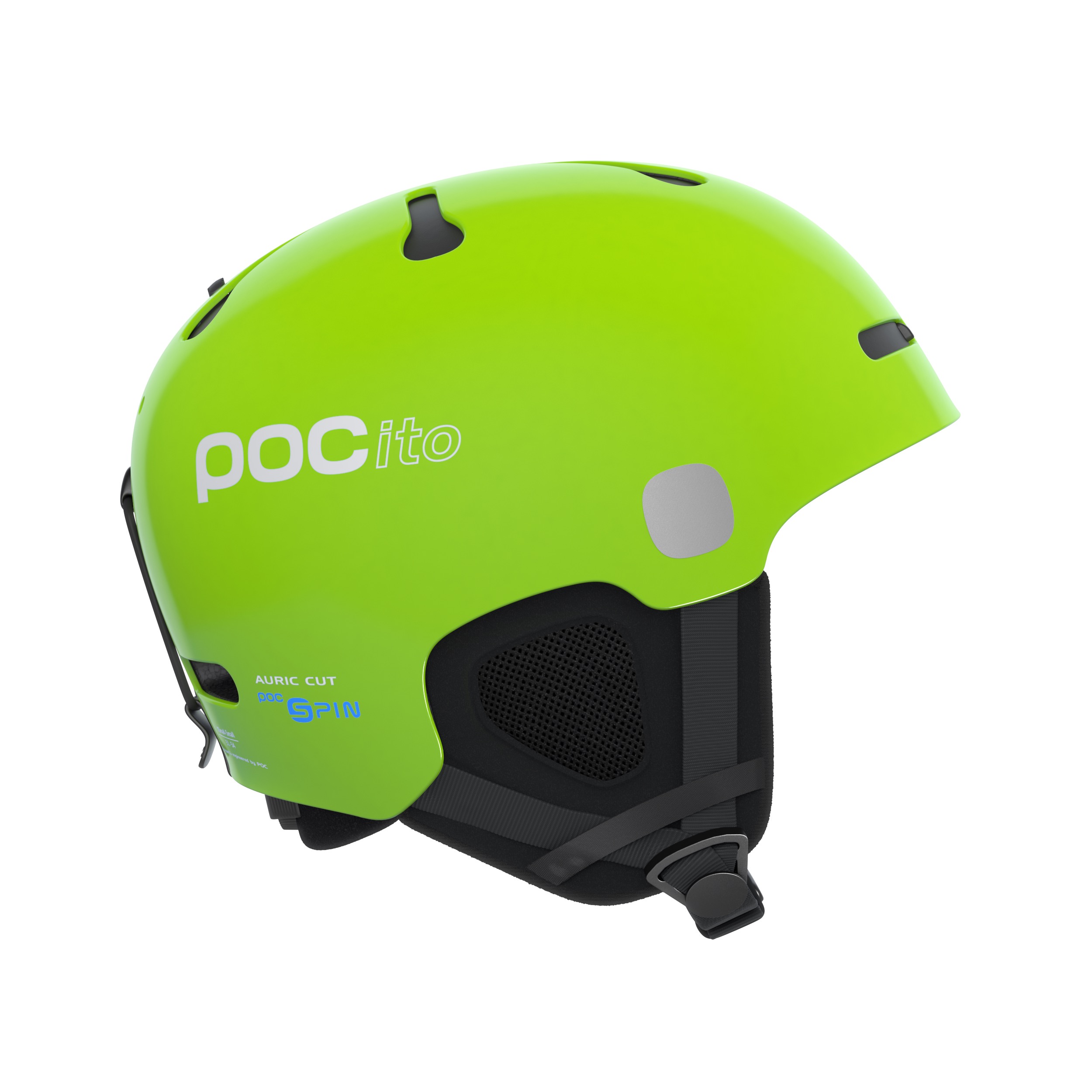 Grüner Pocito Auric Cut SPIN Skihelm von der Seite. POC-Logo sichtbar. Helm mit Belüftungslöchern und Kinnriemen.