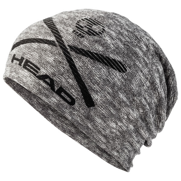 Gray Head Race Beanie with black logos and two crossed skis, casual oversized-Look.