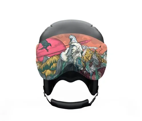 Black ski helmet with visor protection. The visor protection shows mountains, eagles and a red sun.
