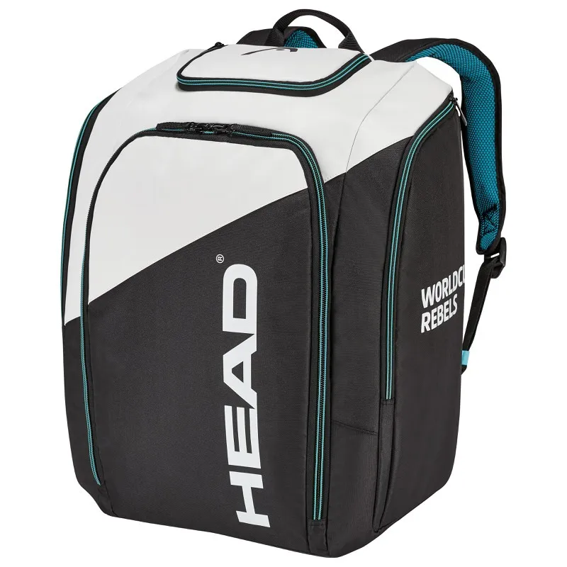 Schwarzer/weißer Head Rebels Racing Rucksack mit blaugrünen Akzenten und seitlichem "Head"-Schriftzug.