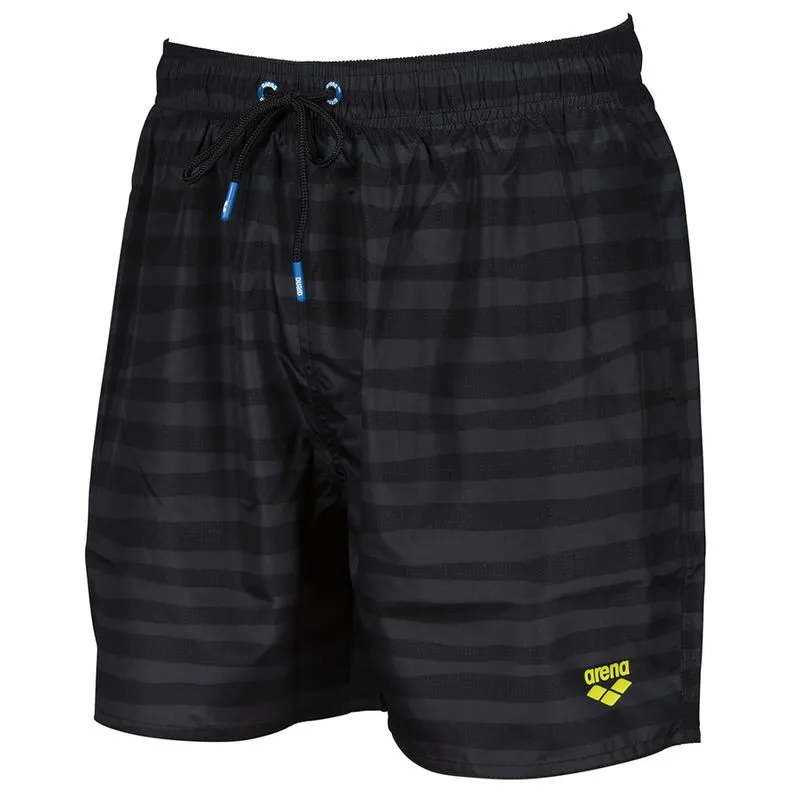 Black swimming trunks with horizontal stripes and drawstring. The Arena logo is at the bottom right.