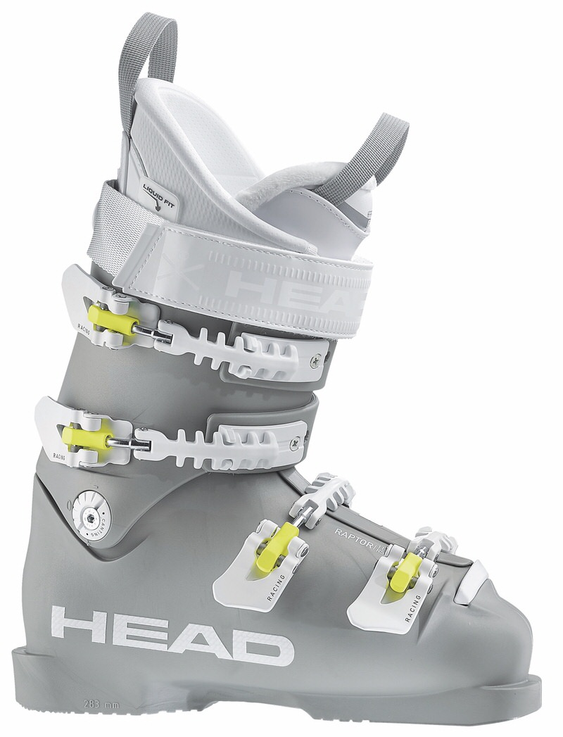 Grauer Ski-Schuh Head Raptor 110 RS mit weißen Schnallen und gelben Akzenten in Seitenansicht.