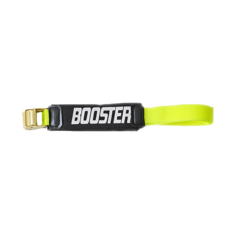Neon gelber Booster Strap mit Metallschnalle und schwarzem Textilband mit weißem "Booster"-Schriftzug.