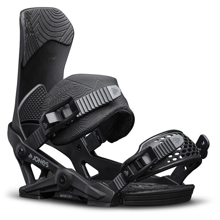 Attacco da snowboard nero Attacco da snowboard Jones Meteorite nero, vista laterale. Sono riconoscibili i dettagli come le cinghie e l'highback.