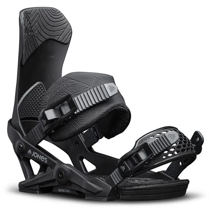 Schwarze Jones Meteorite Snowboard Bindung, seitliche Ansicht. Details wie Riemen und Highback sind erkennbar.