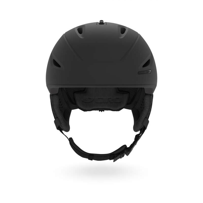 Giro Union Mips Skihelm Frontale Ansicht des mattschwarzen Giro Union Mips Skihelms mit Ohrenpolstern und Kinnriemen.