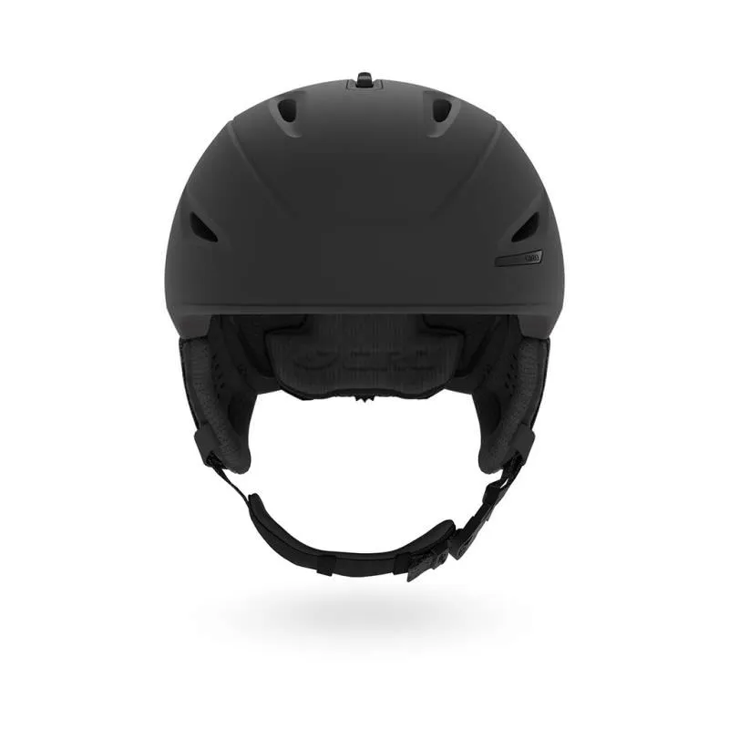 Frontale Ansicht des mattschwarzen Giro Union Mips Skihelms mit Ohrenpolstern und Kinnriemen.