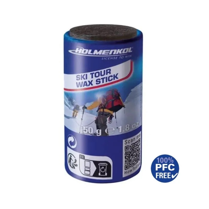 Un bâton de fart bleu pour le ski de randonnée de Holmenkol. En haut, il y a un applicateur foncé et rond, et un alpiniste est représenté.