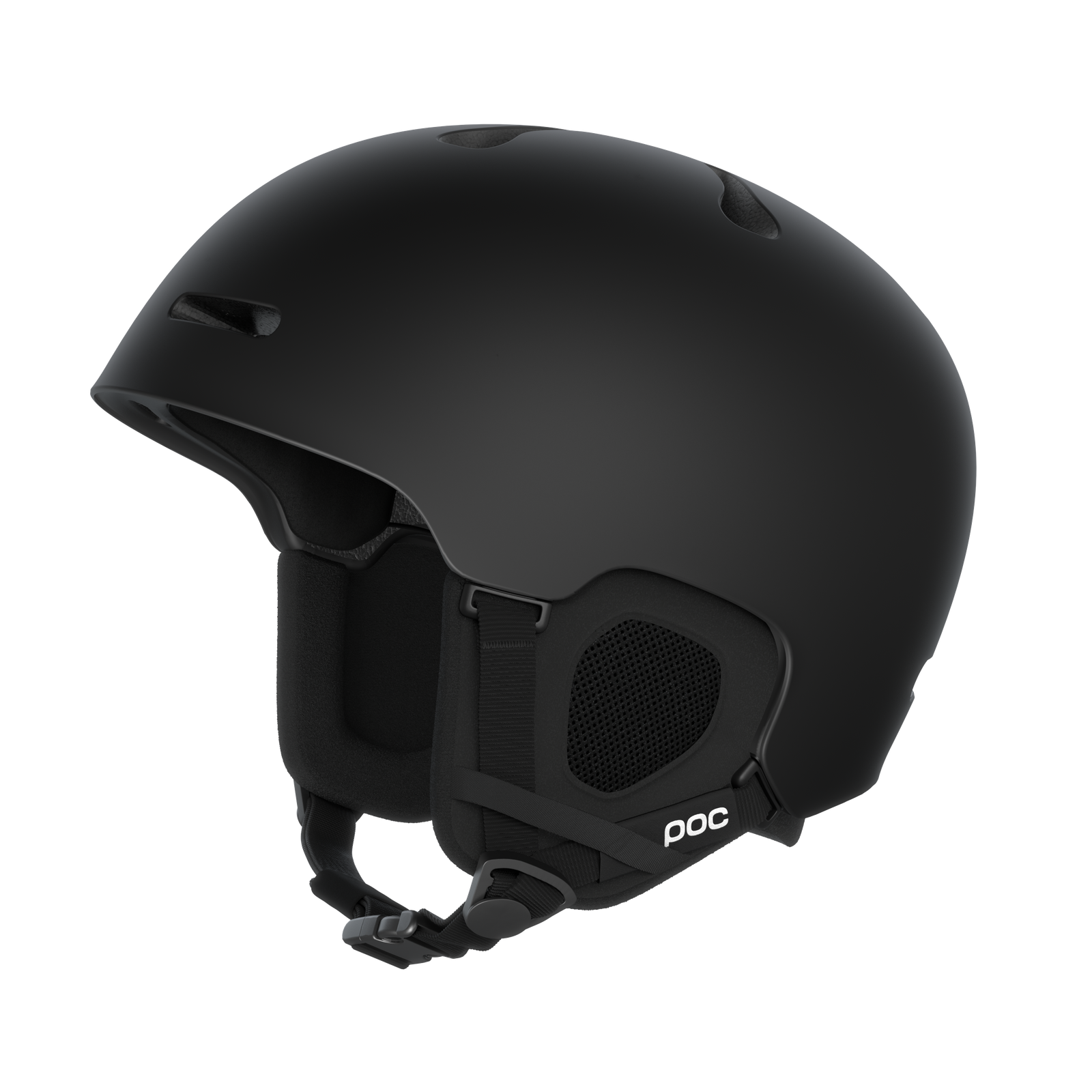 Schwarzer POC Fornix Skihelm in Matt-Optik, seitliche Ansicht, Kinnriemen sichtbar.