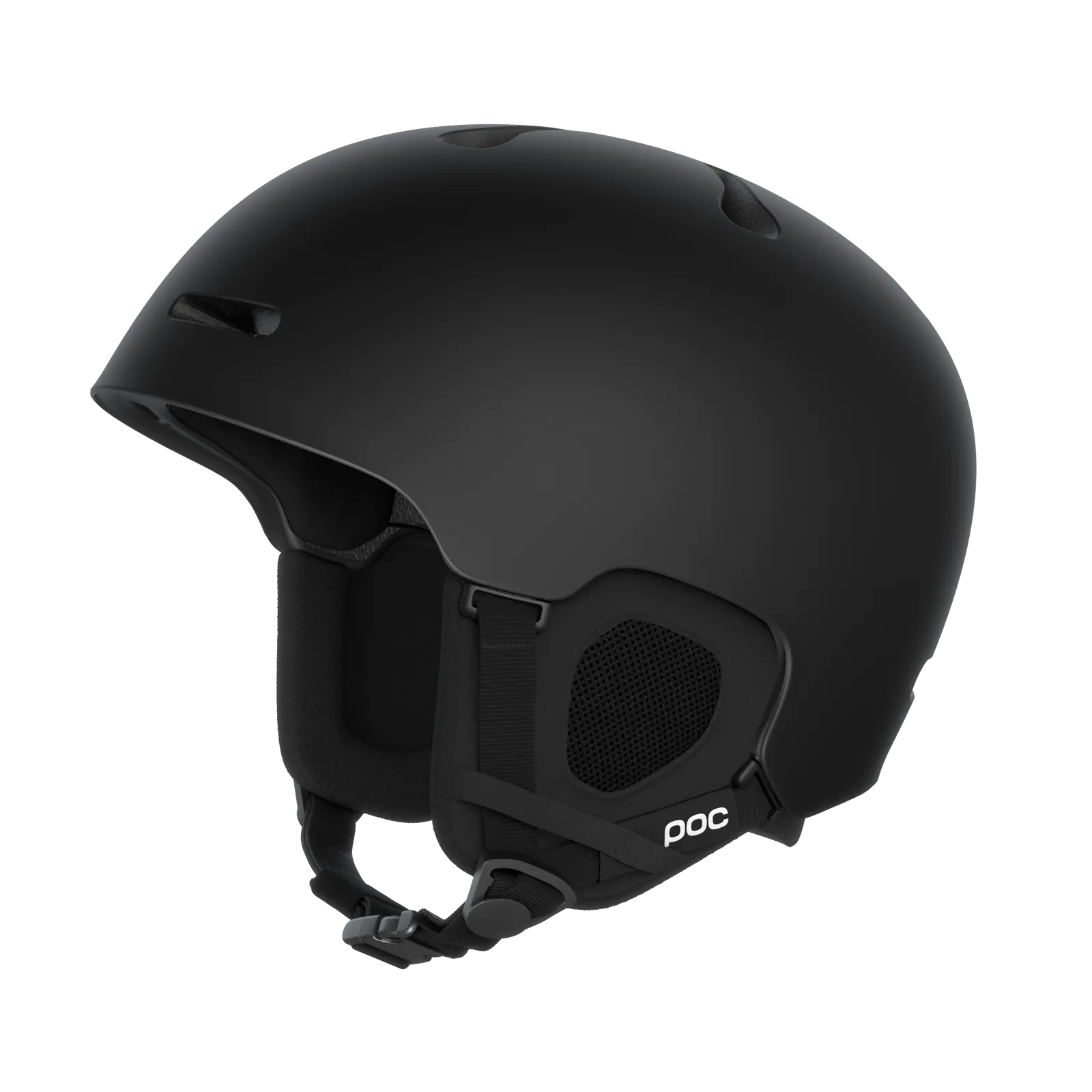 Black POC Fornix ski helmet in matt look, side view, chin strap visible.