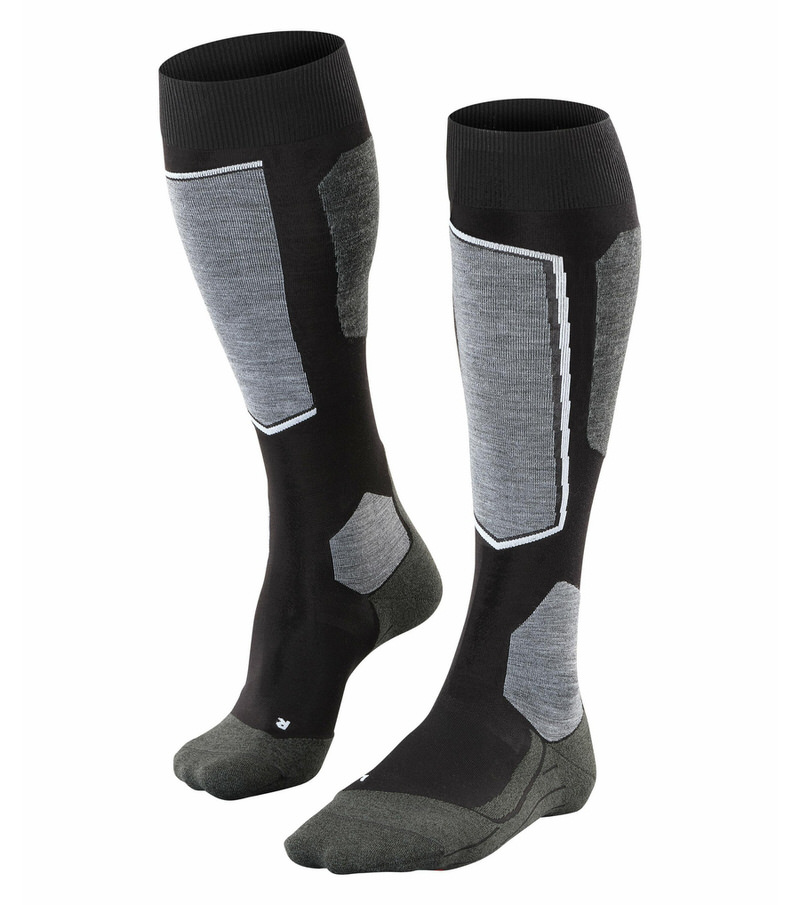 Zwei Falke SK6 Skiing Kniestrümpfe in Schwarz-Grau mit verstärkten Zonen.