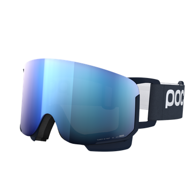 Dunkelblaue Skibrille mit breitem, elastischem Band und bläulich verspiegelter, zylindrischer Linse.