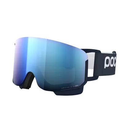 Dark blue ski goggles with wide, elastic strap and bluish mirrored, cylindrical lens.