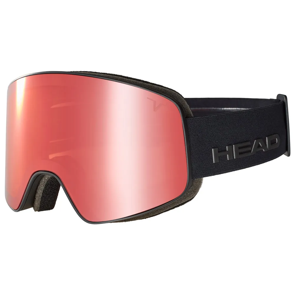 Close-up: Head HORIZON TVT ski goggles with orange, mirrored polarized lens and black strap.