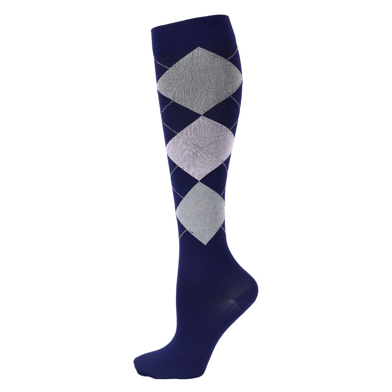 Dark blue ski sock A single dark blue ski sock with a gray diamond pattern.