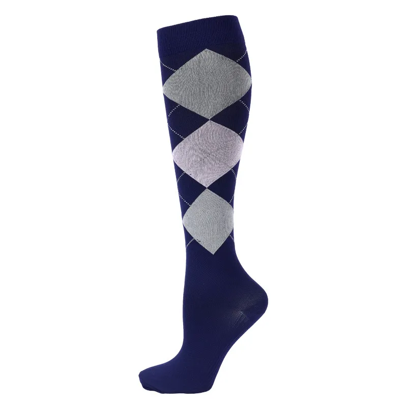A single dark blue ski sock with a gray diamond pattern.