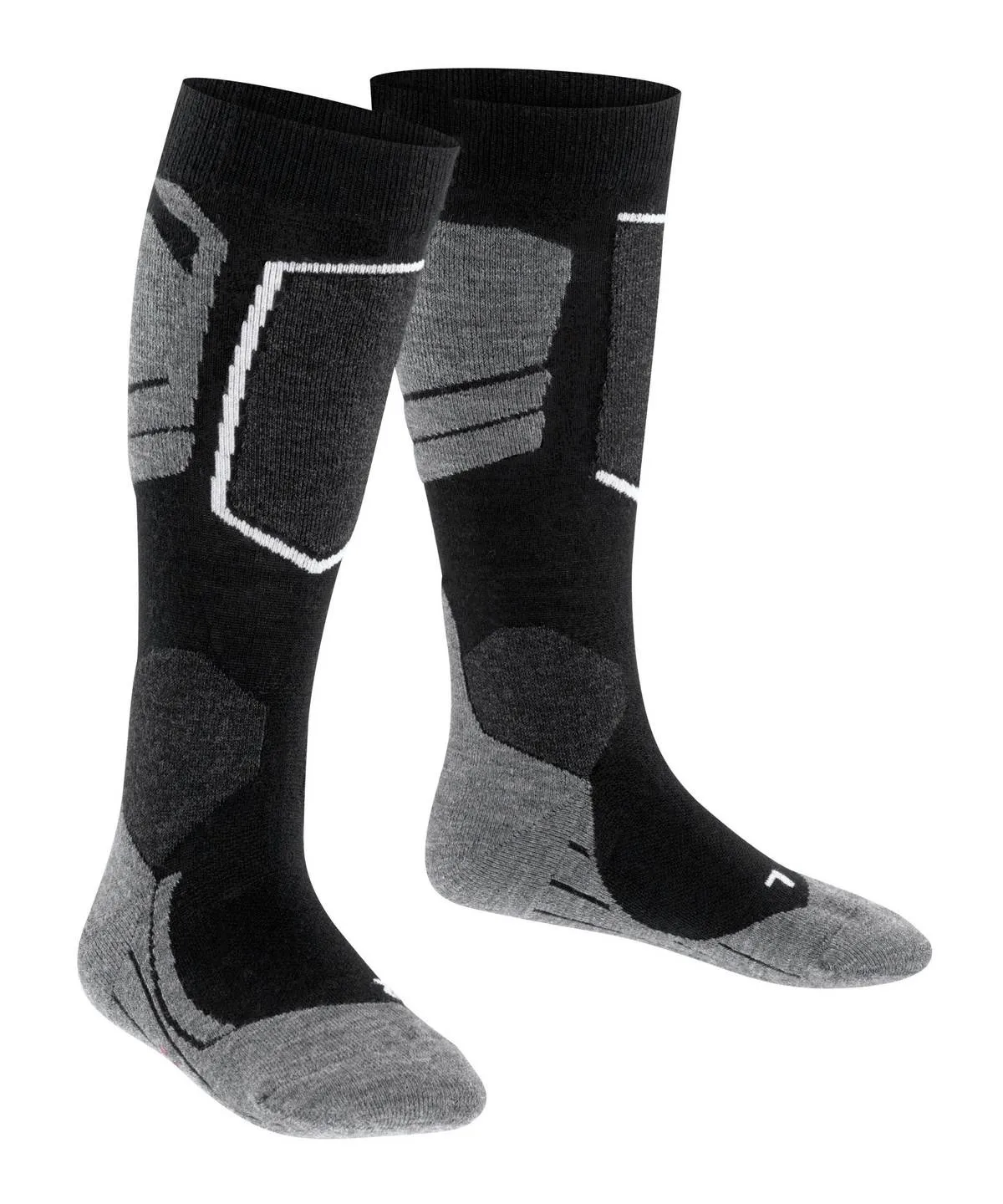 Black and gray knee-high socks with reinforced zones. The toes, heels, and parts of the sole are gray, as are the ergonomic zones on the shin and calf. White lines highlight the padding/compression.