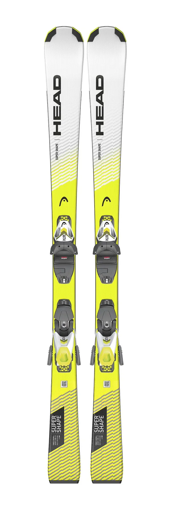 Gelb-weisse Head Supershape SLR Pro Kinderski mit montierter SLR 4,5 GW Bindung von oben.