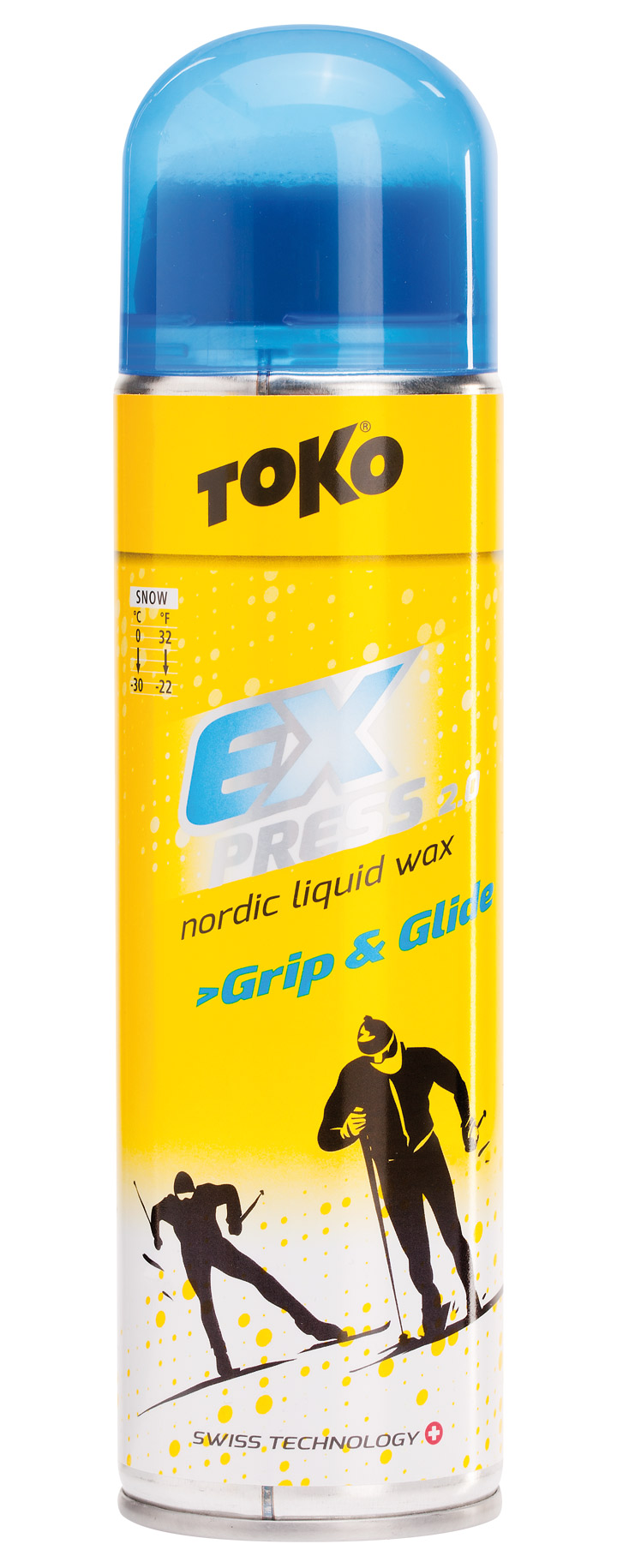 Gelbe Flasche Toko Express Grip & Glide mit blauer Kappe, Text, Skifahrer-Grafik. Flüssigwachs für Ski mit Schwammapplikator.