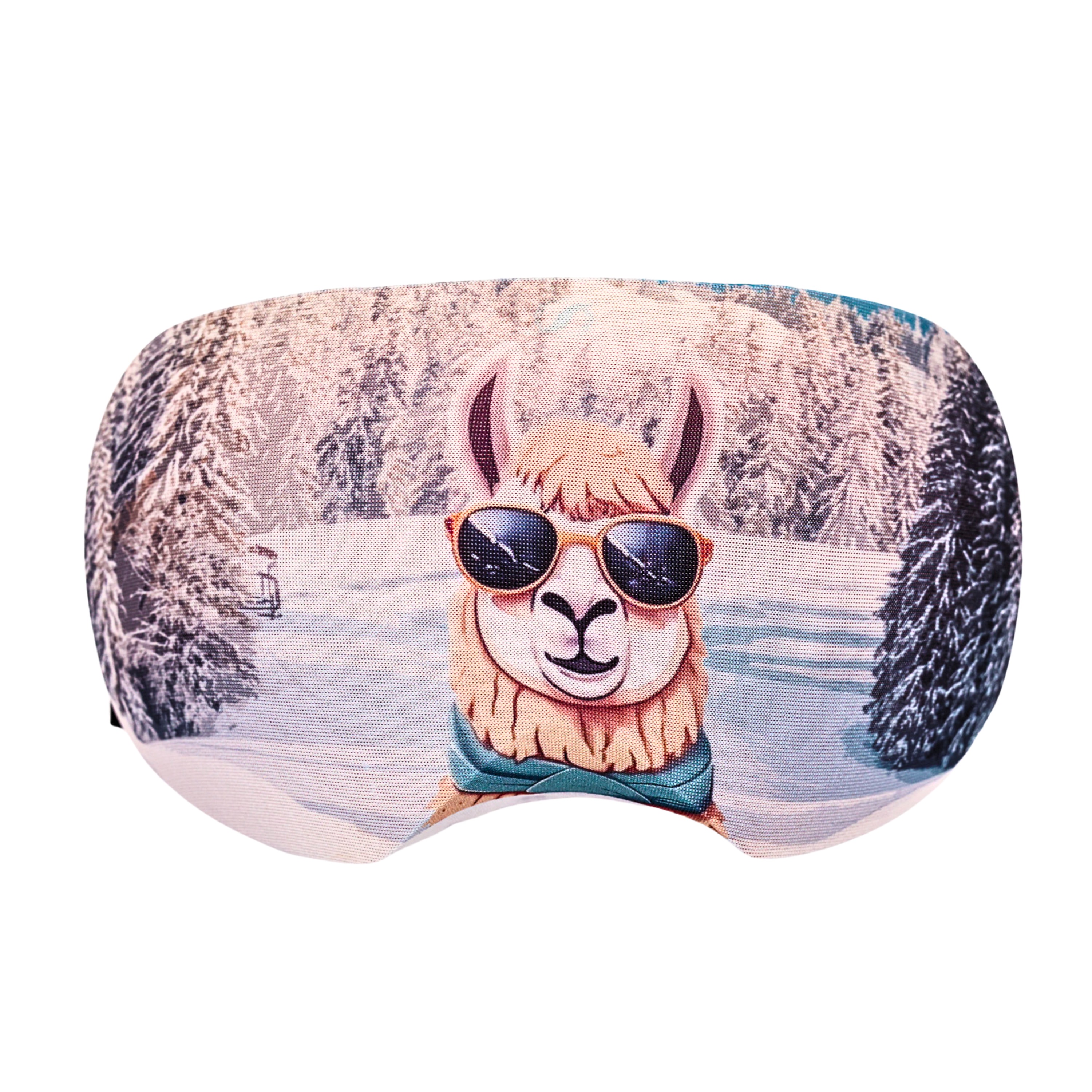 Sleeping mask with llama motif wearing sunglasses and a scarf in front of a snowy winter forest.