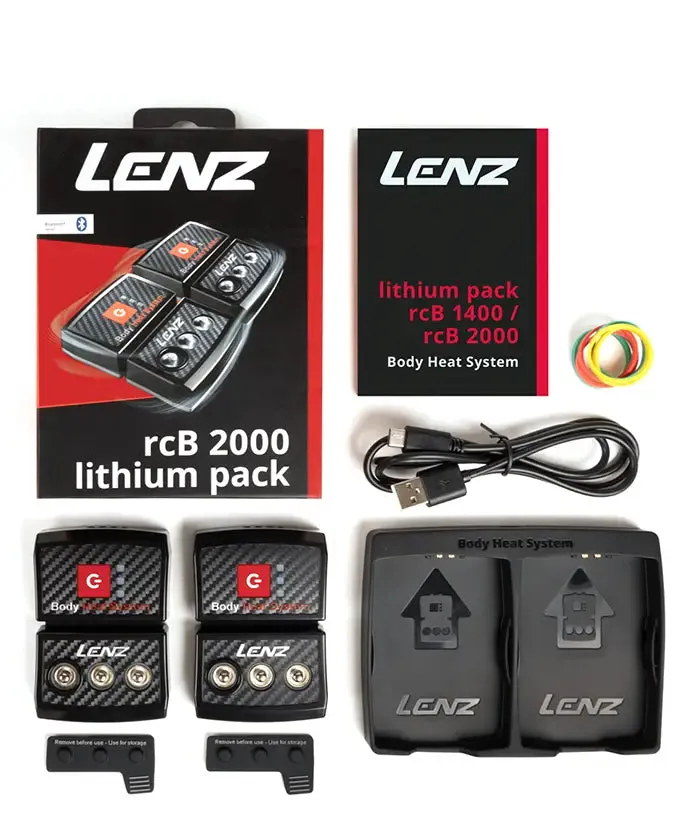 Das Lenz rcb 2000 Lithium Pack im Set mit Akkus, Ladegerät und Zubehör auf weißem Grund.