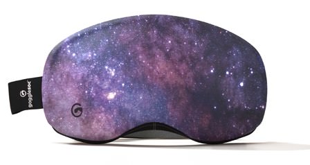 Coperchio protettivo per maschere da sci con motivo galattico, principalmente viola, rosa e bianco.