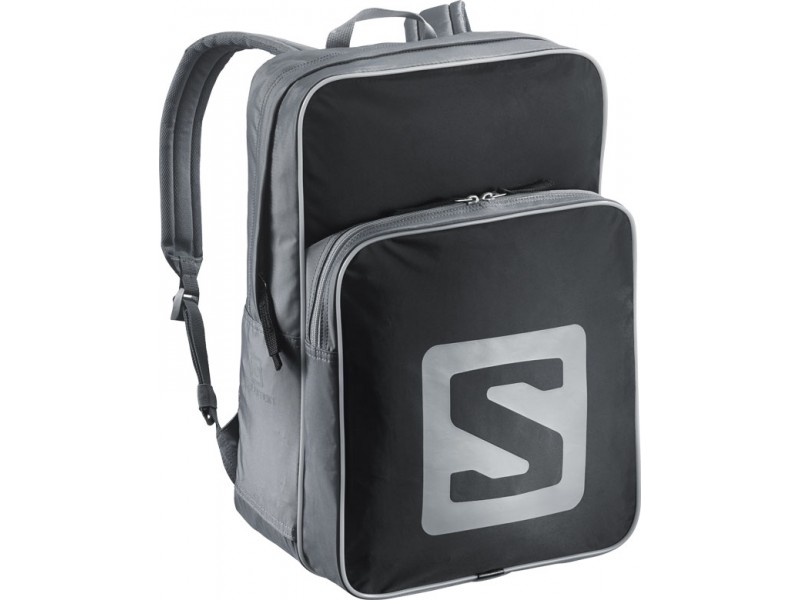 Sac à dos noir rectangulaire Salomon avec logo et bordure grise, vue de face.