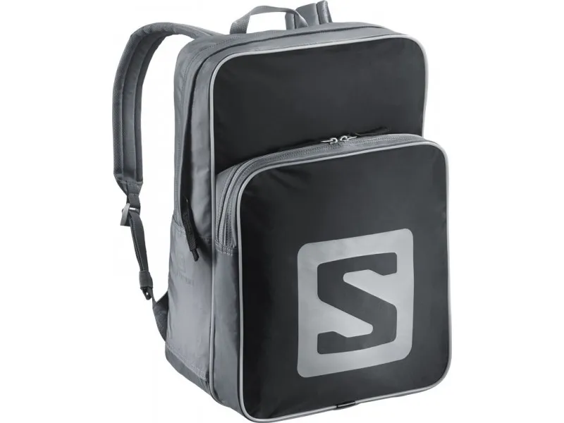 Zaino Salomon nero rettangolare con logo e bordo grigio, vista frontale.