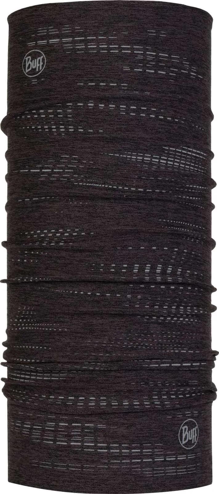 Black, seamless Dryflx Buff tube scarf with reflective elements and the Buff logo at the top and bottom.