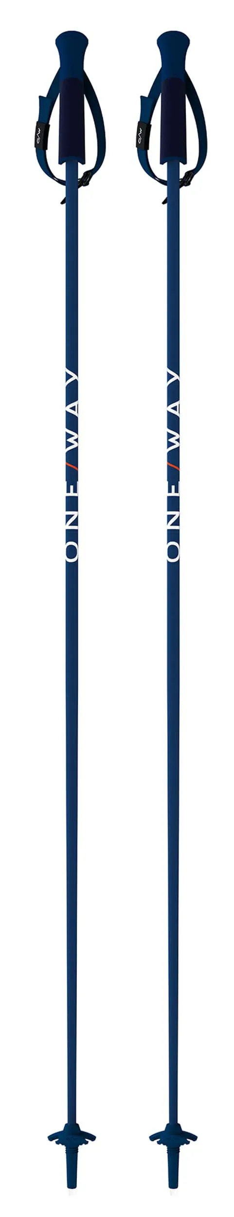 Deux bâtons de ski bleus One Way GTX 14, disposés verticalement, avec poignée, dragonne, crosse et rondelle.