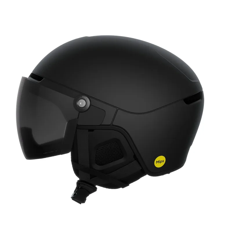 Casque de ski POC Obex Visor noir avec visière intégrée et technologie MIPS, vue latérale.