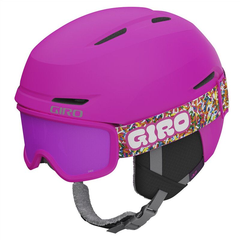 Matte Bright Pink Giro Spur Combo Skihelm mit Schneebrille und buntem Brillenband.
