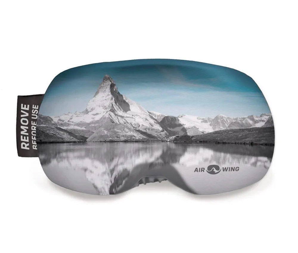 Protective ski goggle cover with mountain lake motif, reflects the alpine landscape. Elastic band on the side.