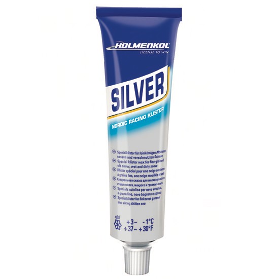 Tube Holmenkol Silver Klister für Ski, blau-silberne Verpackung mit Produktinformationen.