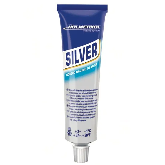 Tube Holmenkol Silver Klister für Ski, blau-silberne Verpackung mit Produktinformationen.