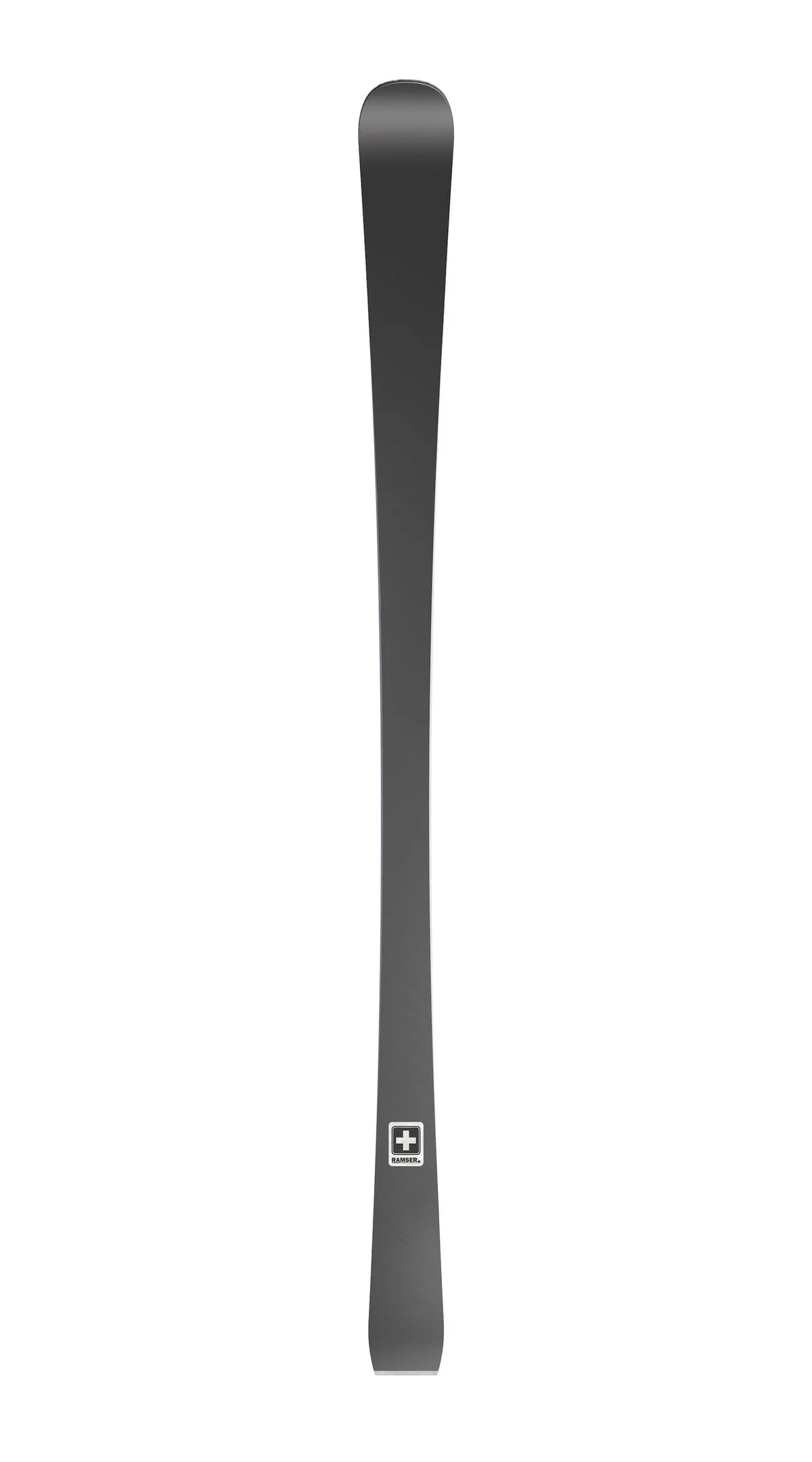 Single ski of the brand Ramser White, aligned from top to bottom.