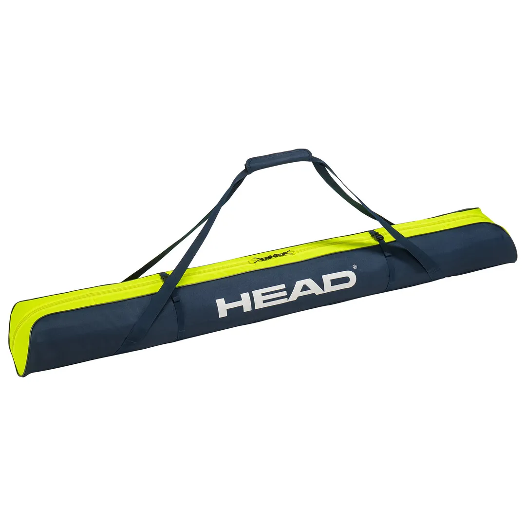 Sac de ski Head Single Short en bleu et jaune avec sangles de transport.