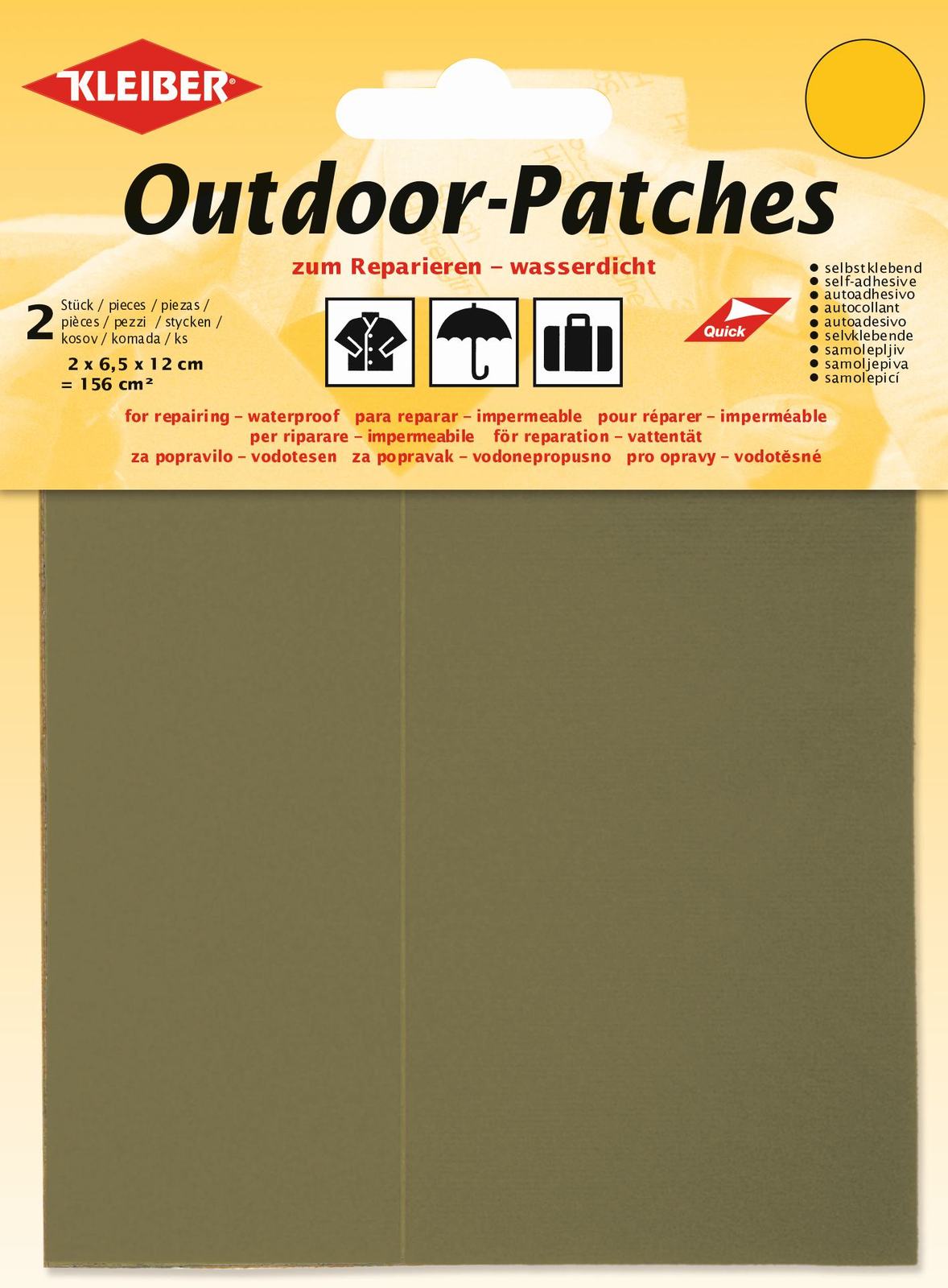 Packaging of beige outdoor patches, self-adhesive patches for repairs, waterproof, 2 pieces of 6.5 cm x 12 cm each.