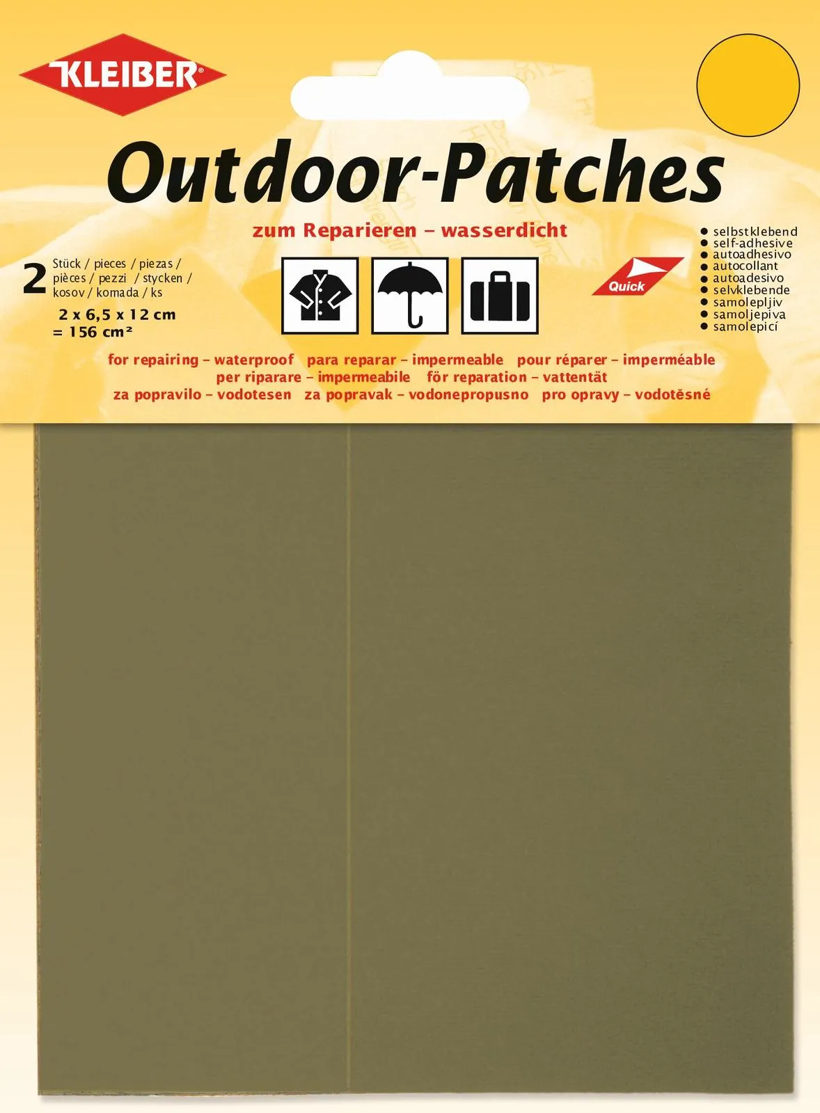 Packaging of beige outdoor patches, self-adhesive patches for repairs, waterproof, 2 pieces of 6.5 cm x 12 cm each.